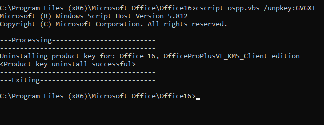 ms office license uninstalled successfully