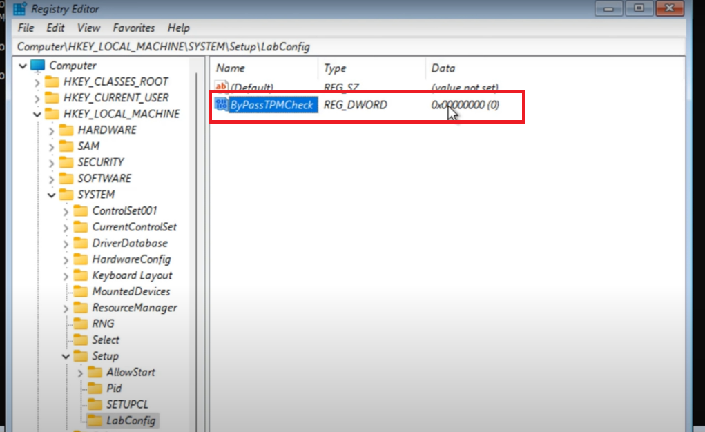 create ByPassTPMCheck Dword