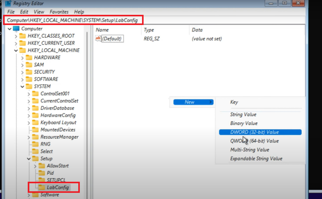 create Dword 32 bit to Install Windows 11 on VMware ESXi Without TPM 2.0 Check