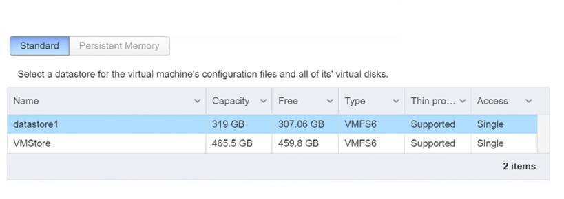 select datastore to create vm